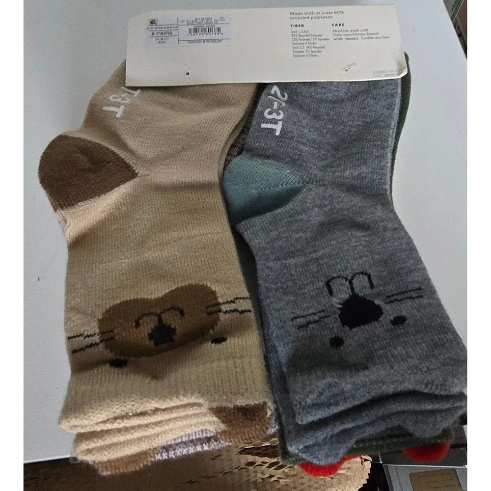 Cat & Jack Kids 6 Pack Crew Socks 2T-3T Shoe Size 5-8 Animal Face Stripes New